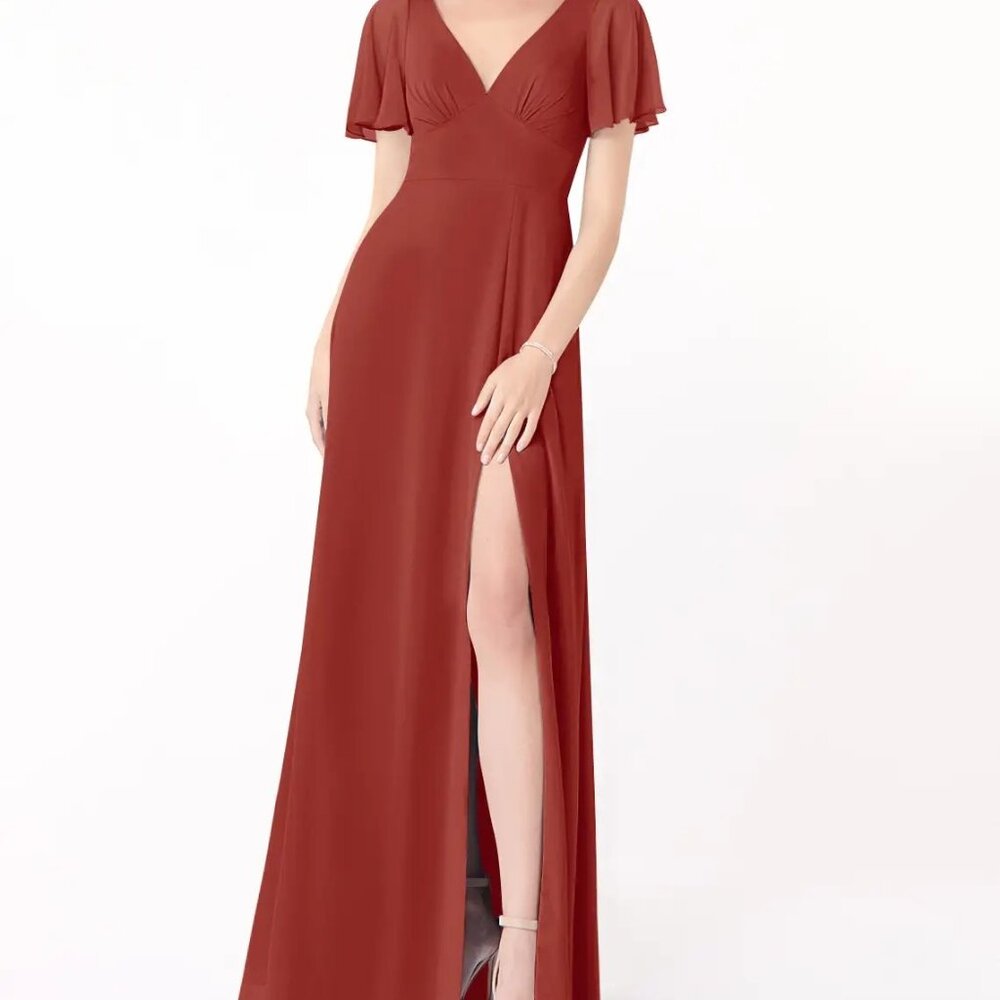 Terracotta A-Line Flounce Sleeve Chiffon Dress